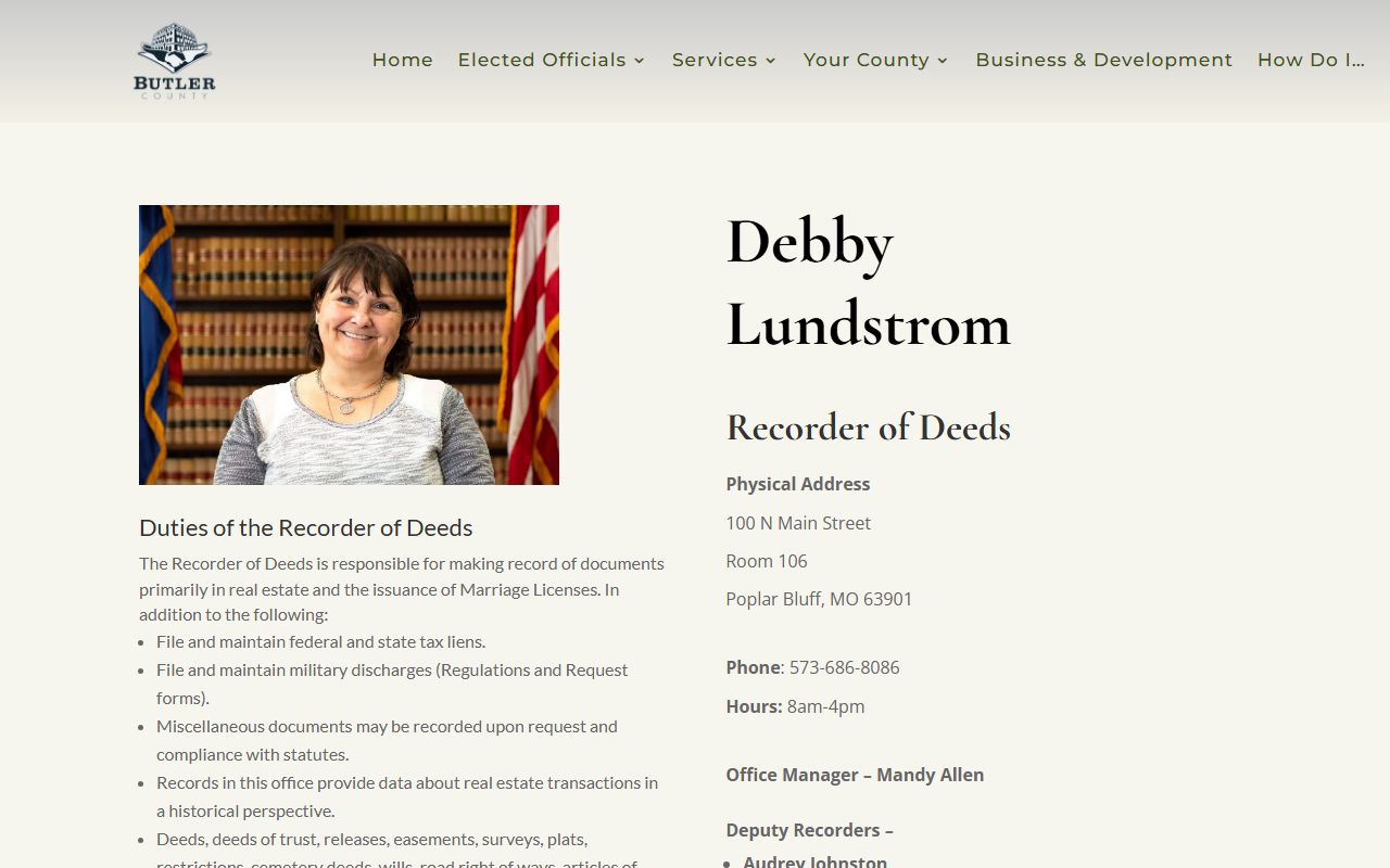 Butler County Missouri Recorder of Deeds page for marriage records