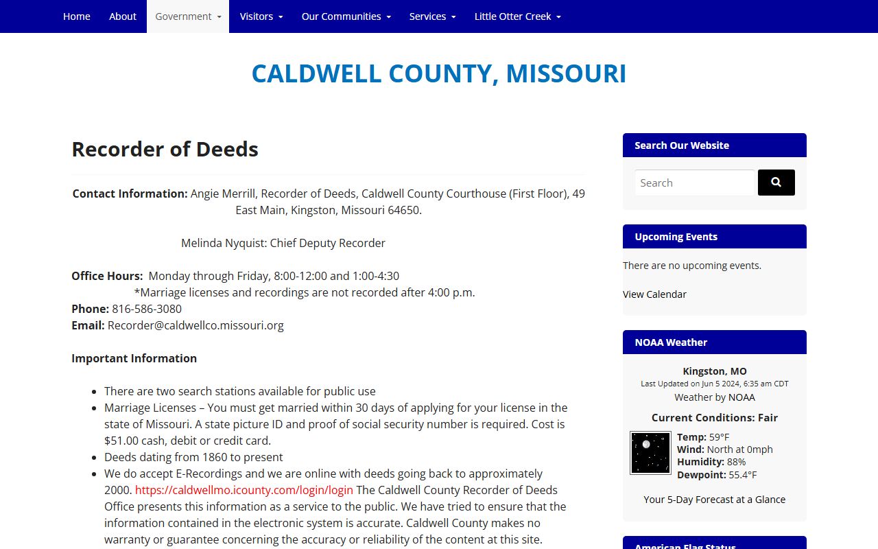 Caldwell County Missouri Recorder of Deeds website for marriage records