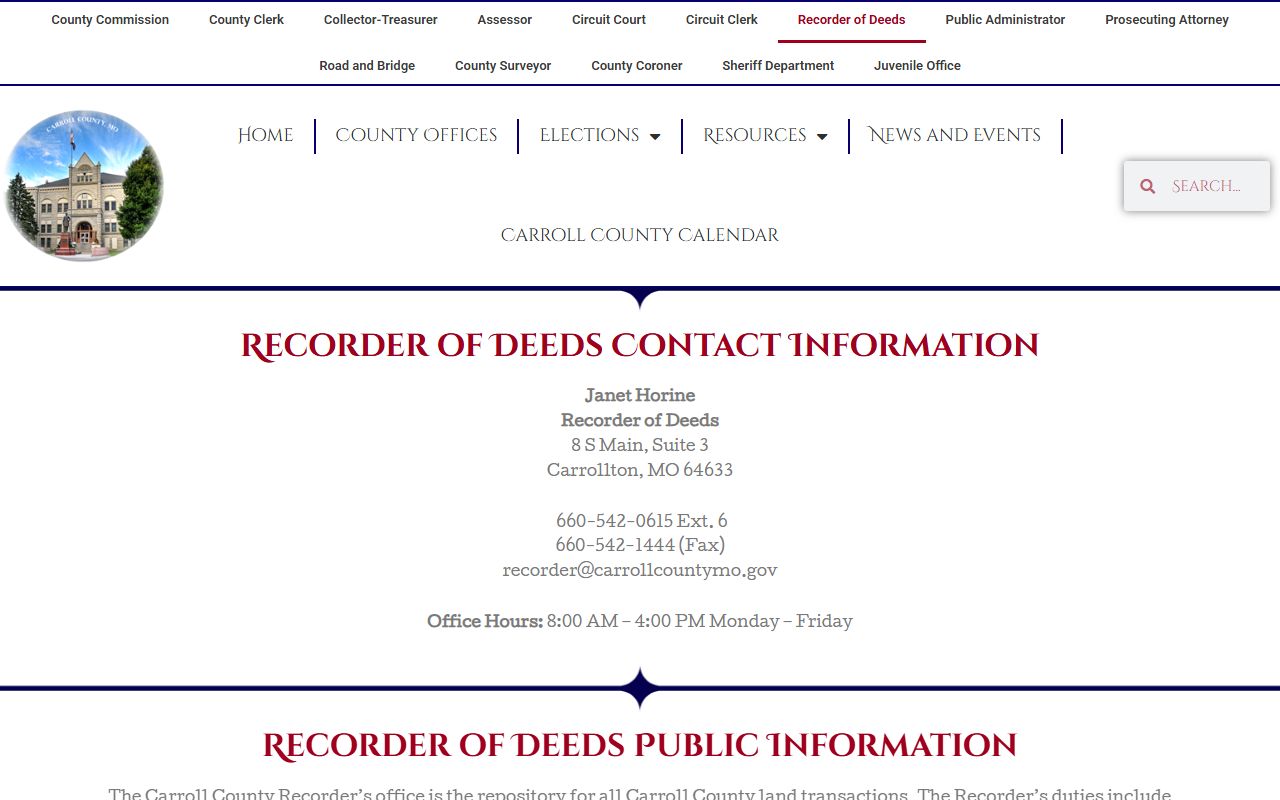 Carroll County Missouri Recorder of Deeds page for marriage records