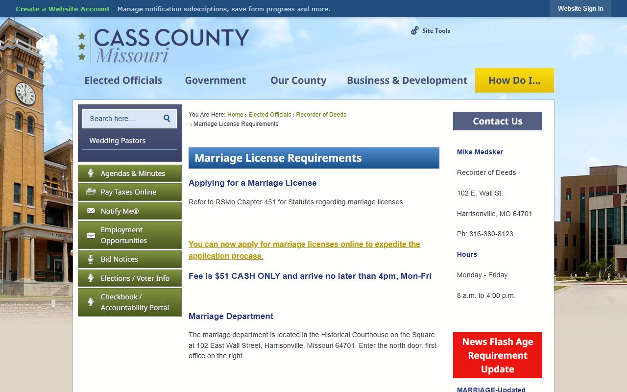 Cass County Missouri marriage license requirements and fees