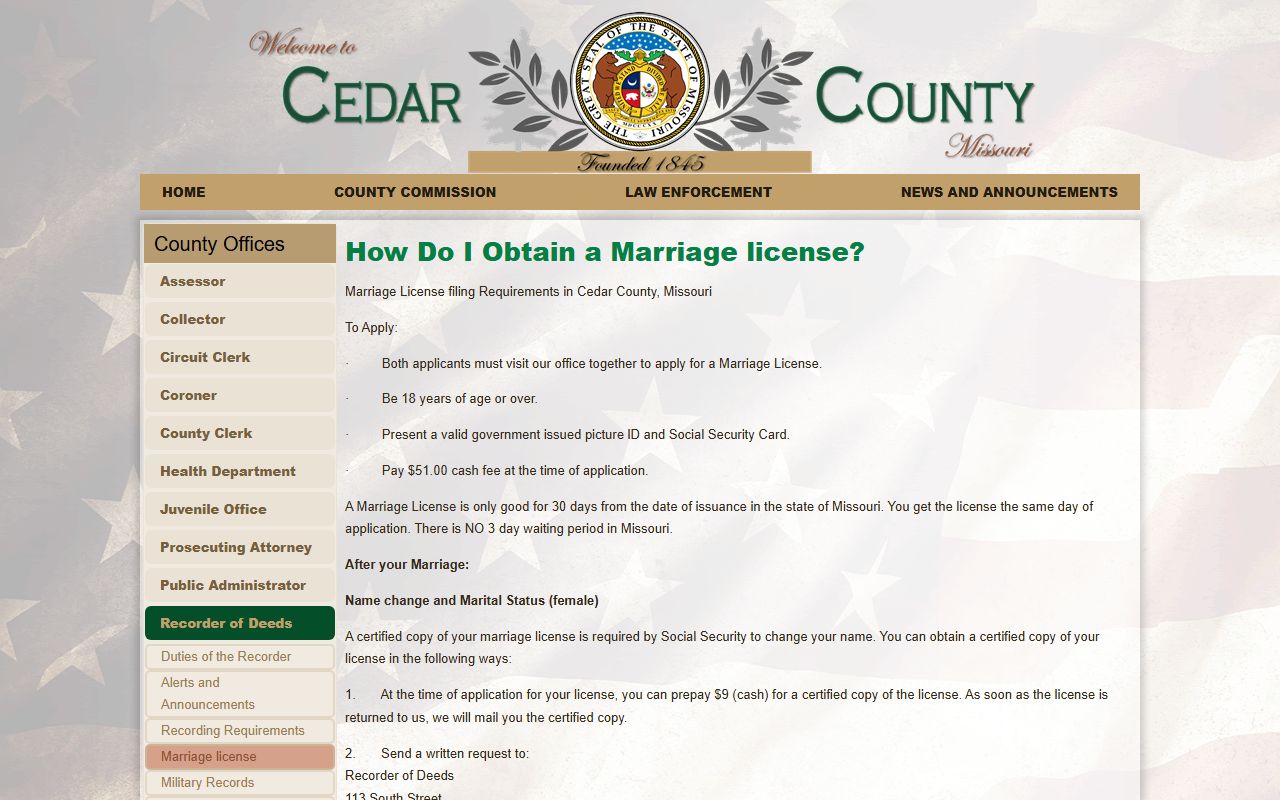 Cedar County Missouri marriage license requirements and information