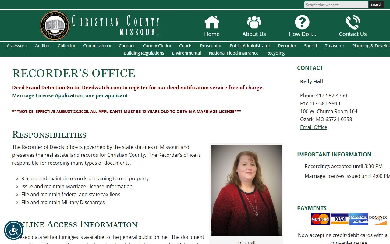 Christian County Missouri Recorder of Deeds page for marriage records