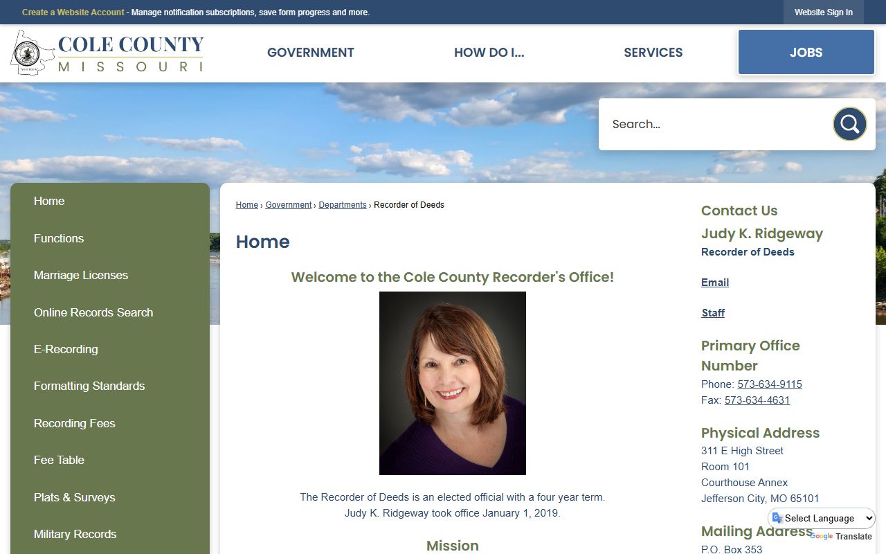 Cole County Missouri Recorder of Deeds page for marriage records