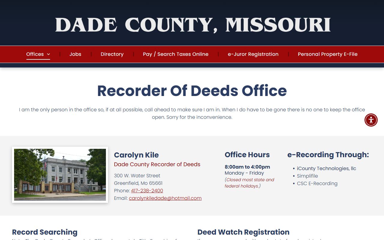 Dade County Missouri Recorder of Deeds page for marriage records