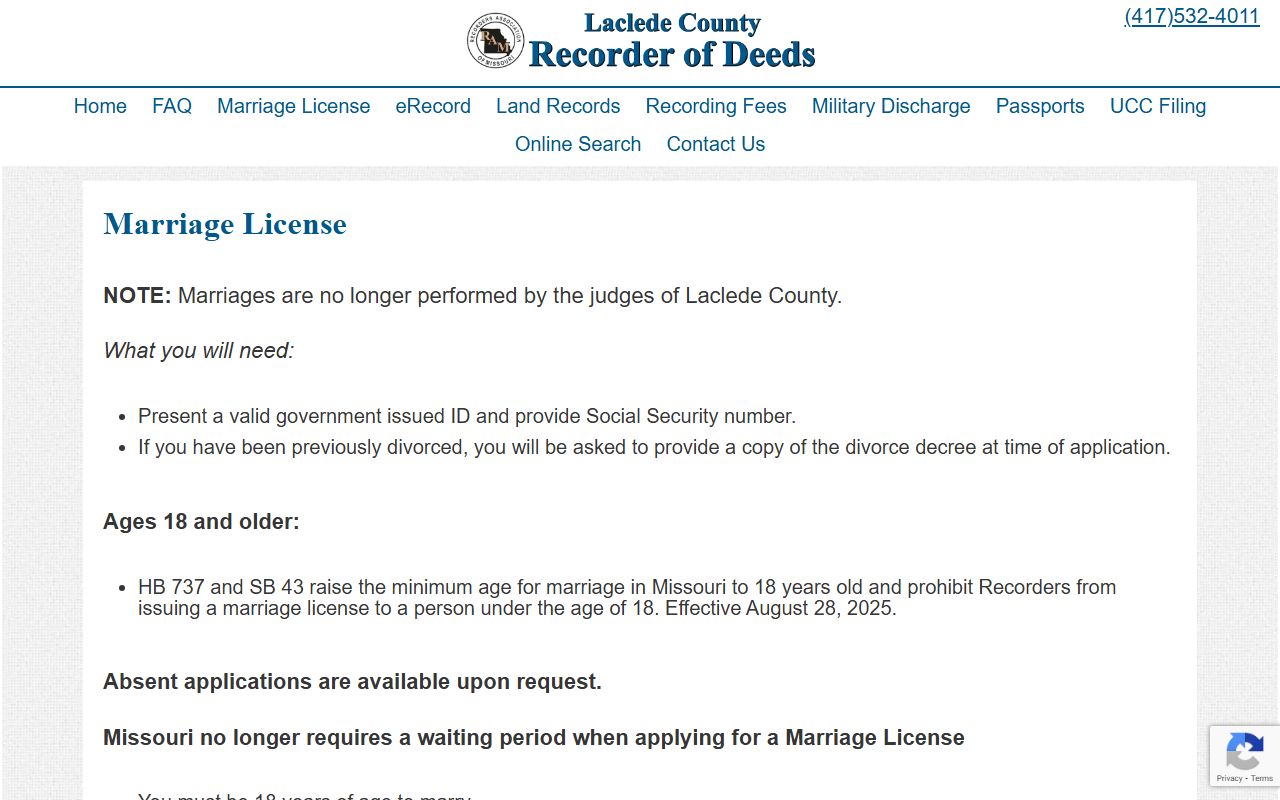 Laclede County Missouri marriage license page for records