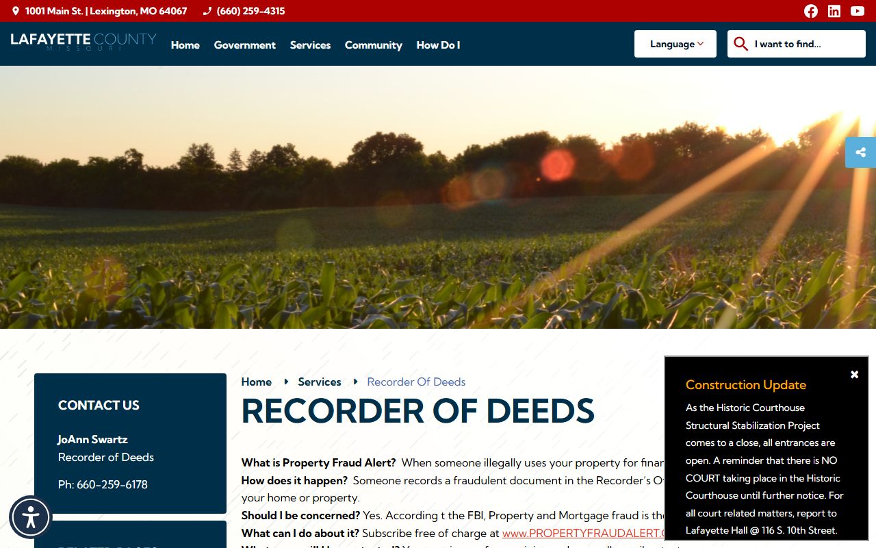 Lafayette County Missouri Recorder of Deeds page for marriage records