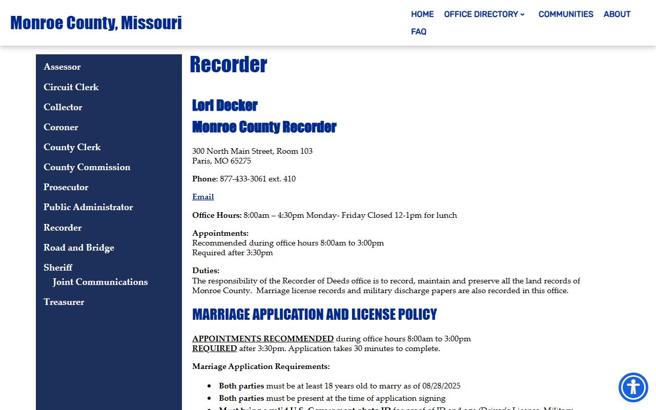 Monroe County Missouri Recorder of Deeds marriage records office