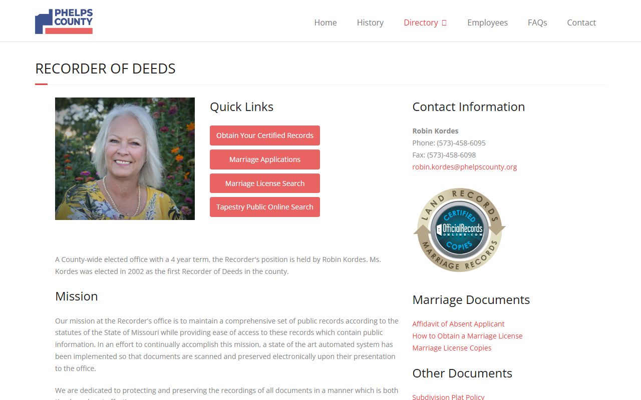 Phelps County Missouri Recorder of Deeds for marriage records