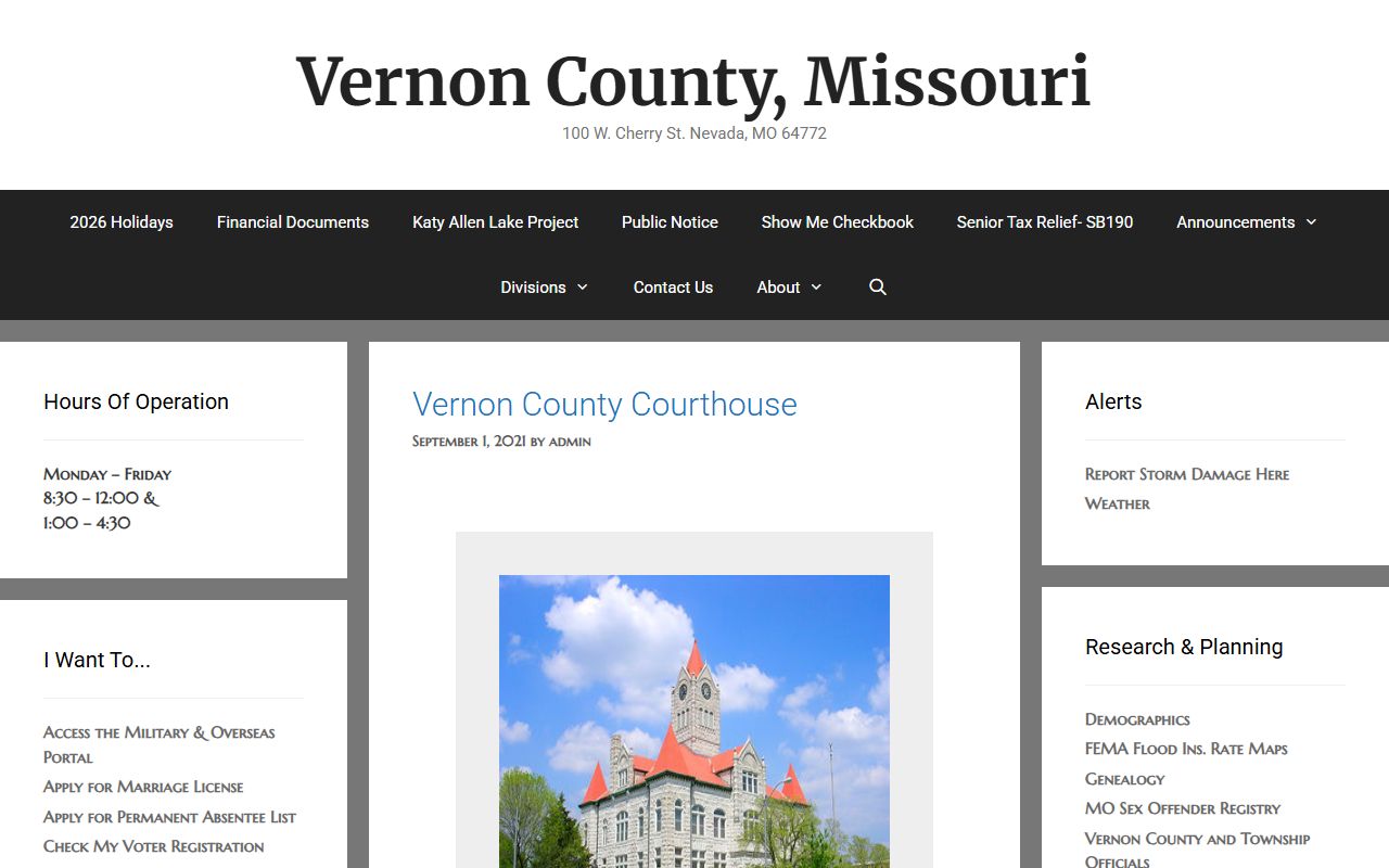 Vernon County Missouri website for marriage records and Recorder of Deeds