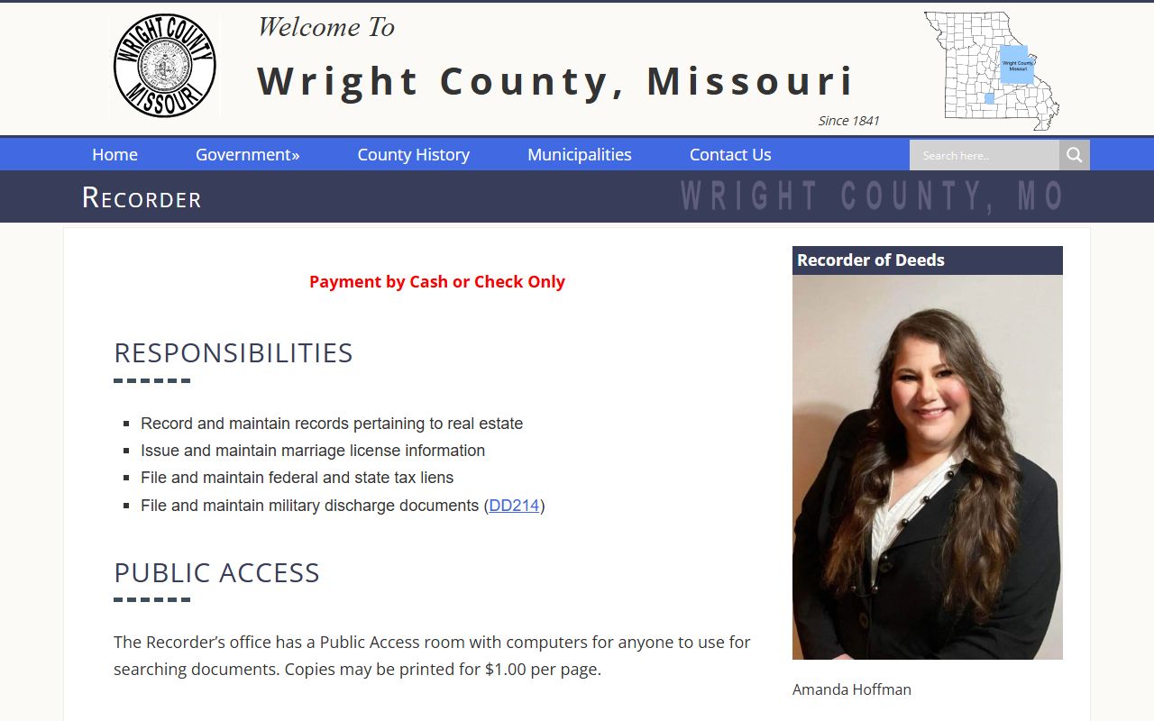 Wright County Missouri Recorder of Deeds page for marriage records