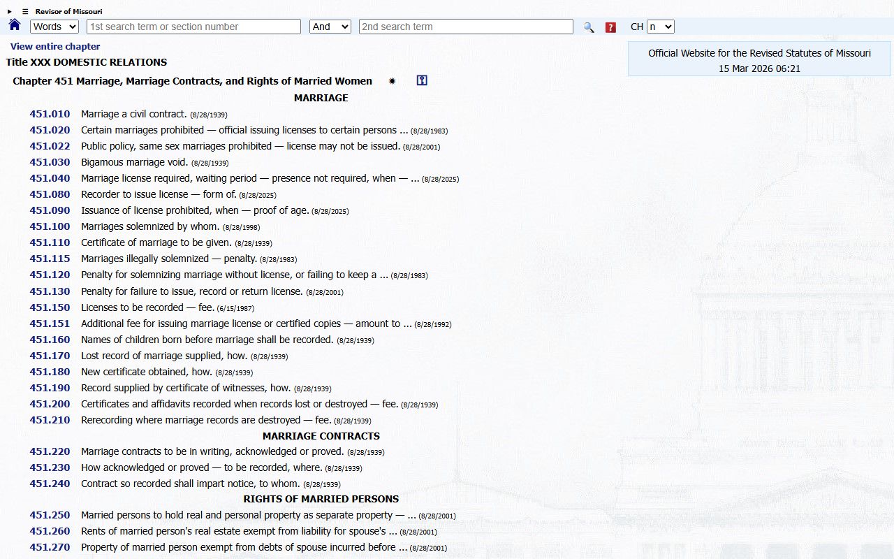 Missouri Chapter 451 marriage laws governing marriage records