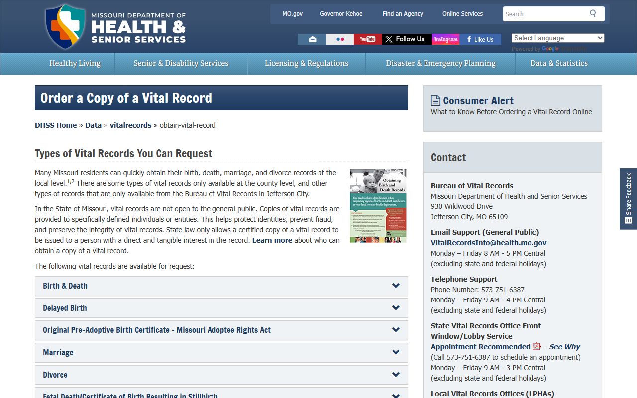 Missouri vital records page showing how to obtain marriage records