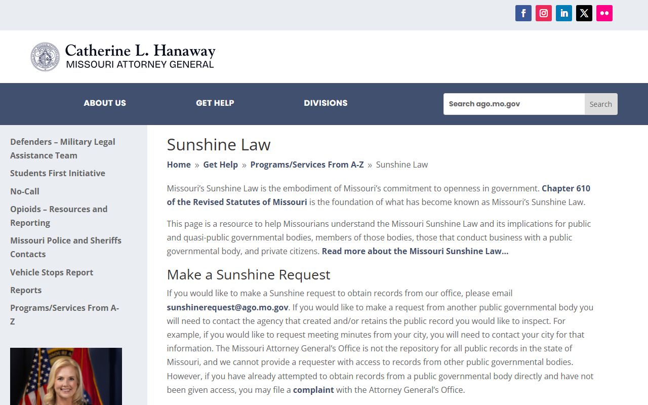 Missouri Sunshine Law page covering public access to marriage records