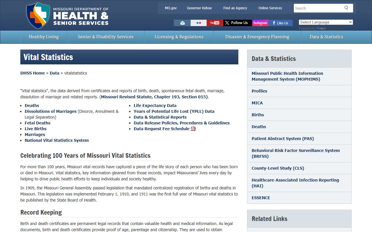 Missouri vital statistics data page for marriage records research